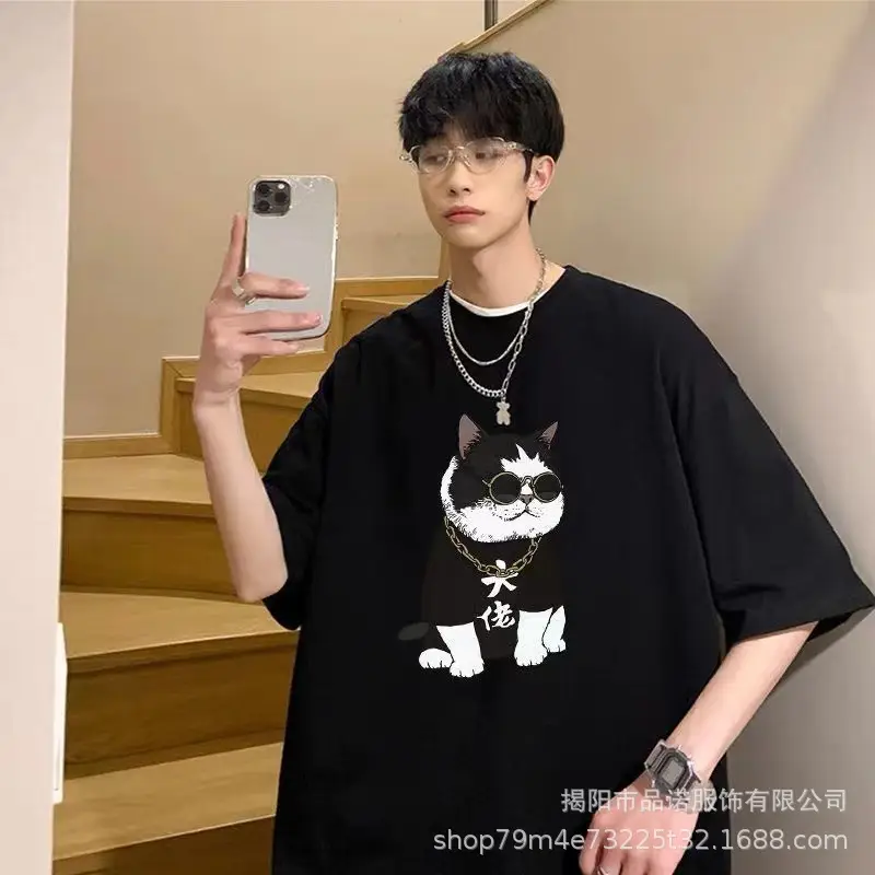 Men's 2022 Cotton T-Shirt Black Cat Print Loose Fit - Image 5