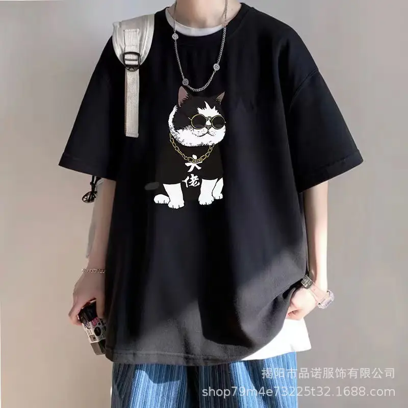 Men's 2022 Cotton T-Shirt Black Cat Print Loose Fit - Image 6