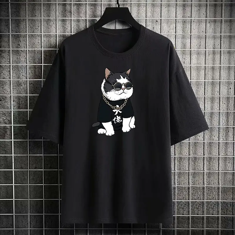 Men's 2022 Cotton T-Shirt Black Cat Print Loose Fit - Image 2