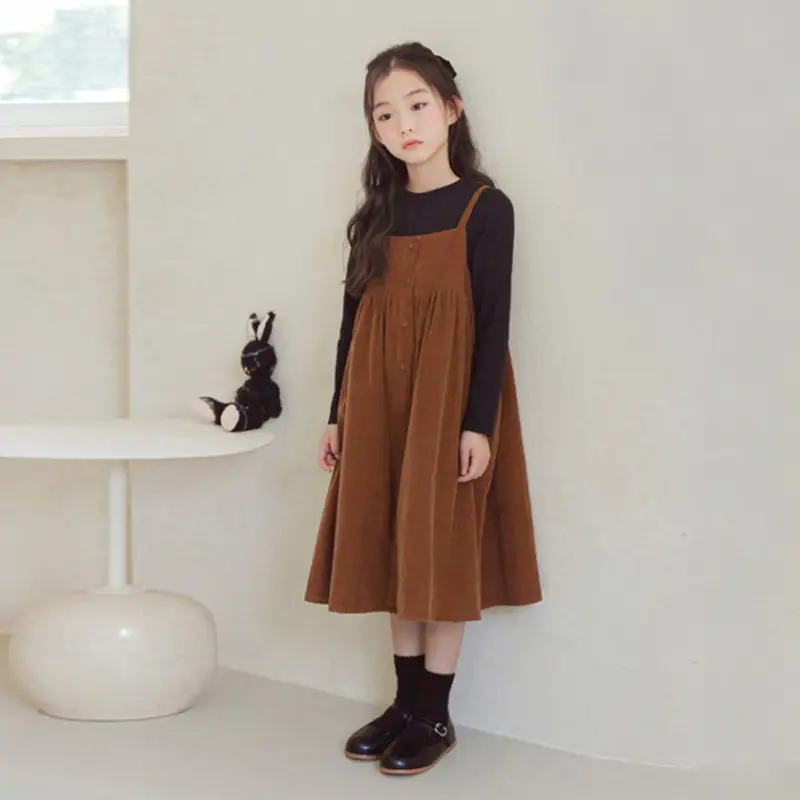 Autumn Winter Corduroy Sling Dress for Girls Brown - Image 2