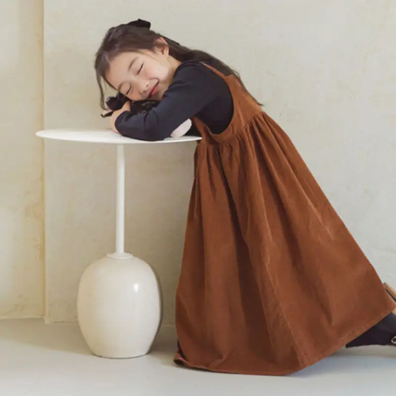 Autumn Winter Corduroy Sling Dress for Girls Brown - Image 3
