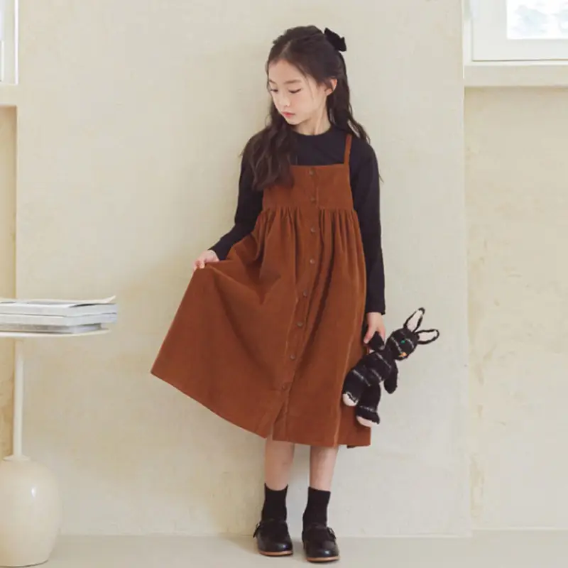 Autumn Winter Corduroy Sling Dress for Girls Brown - Image 4