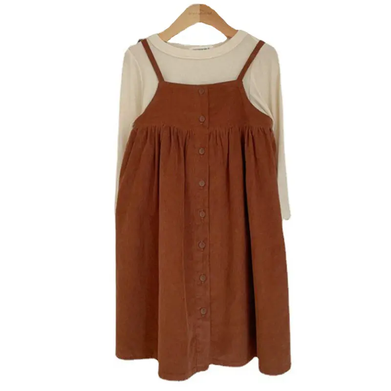 Autumn Winter Corduroy Sling Dress for Girls Brown - Image 5