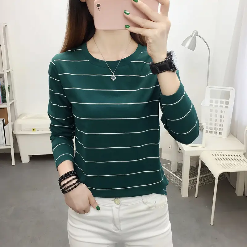 Women Pink Striped Long Sleeve T-Shirt Plus Size — feature 1