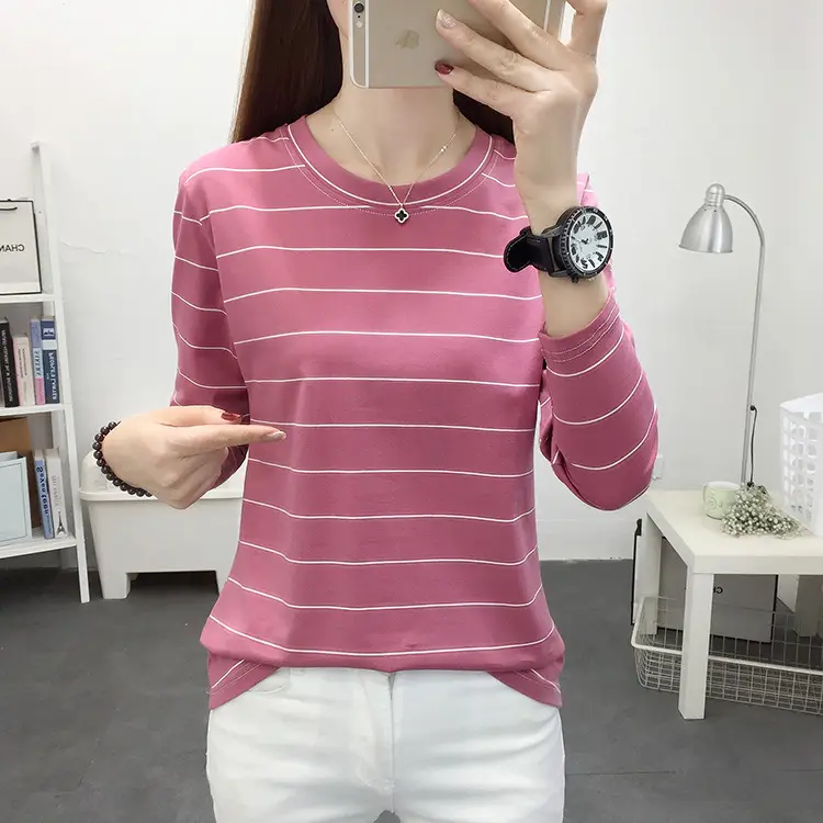 Women Pink Striped Long Sleeve T-Shirt Plus Size — feature 11