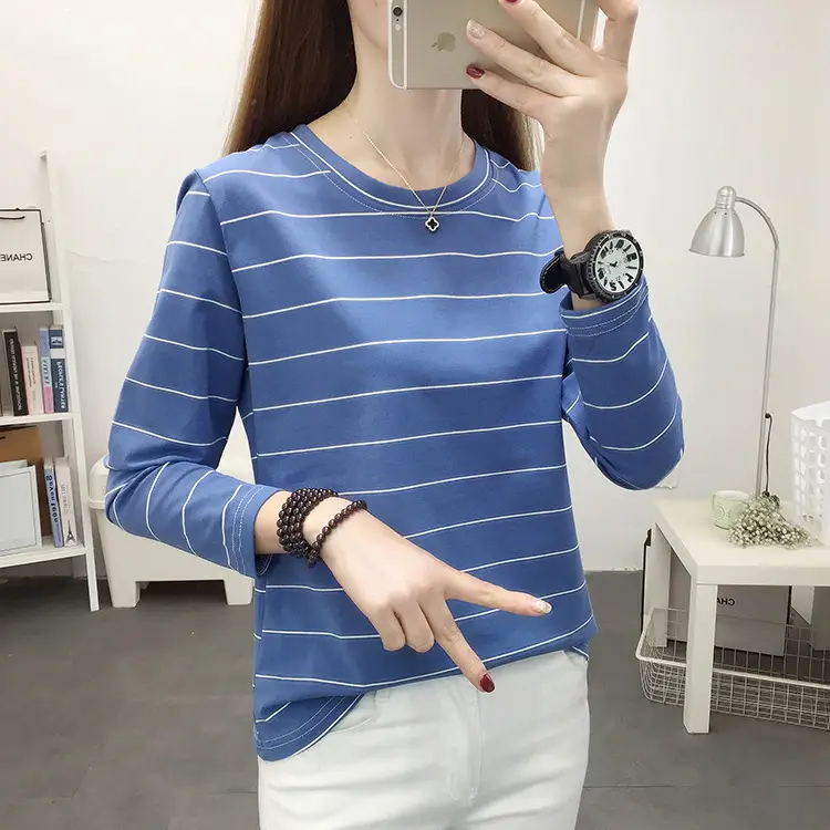 Women Pink Striped Long Sleeve T-Shirt Plus Size — feature 14