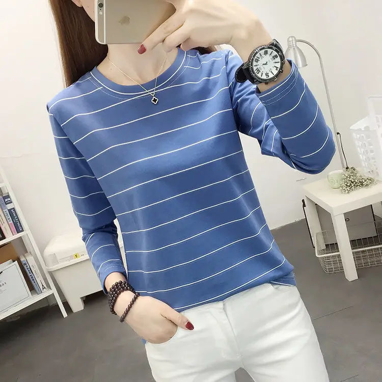 Women Pink Striped Long Sleeve T-Shirt Plus Size — feature 17