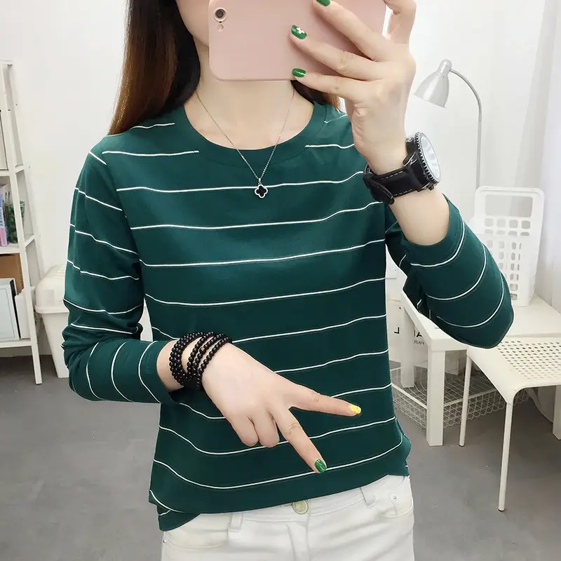 Women Pink Striped Long Sleeve T-Shirt Plus Size — feature 3