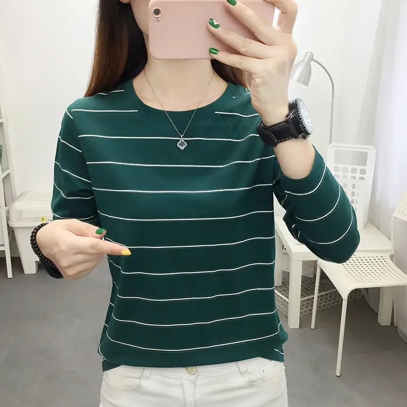 Women Pink Striped Long Sleeve T-Shirt Plus Size — feature 4