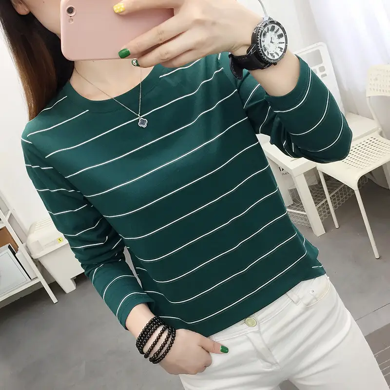 Women Pink Striped Long Sleeve T-Shirt Plus Size — feature 5