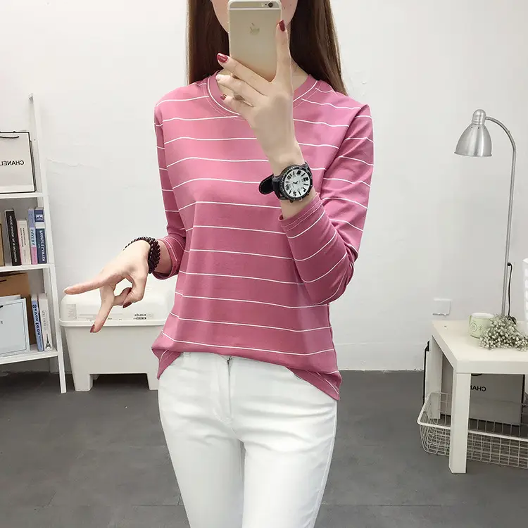 Women Pink Striped Long Sleeve T-Shirt Plus Size — feature 7