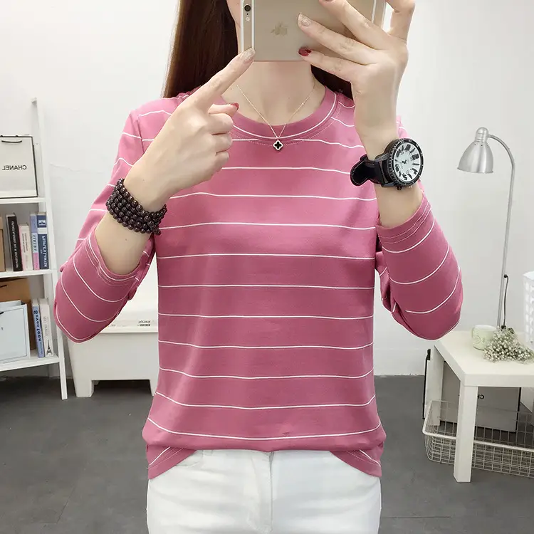 Women Pink Striped Long Sleeve T-Shirt Plus Size — feature 8