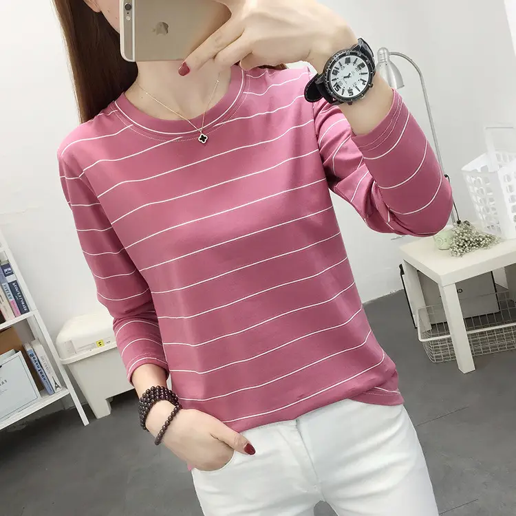 Women Pink Striped Long Sleeve T-Shirt Plus Size — feature 9