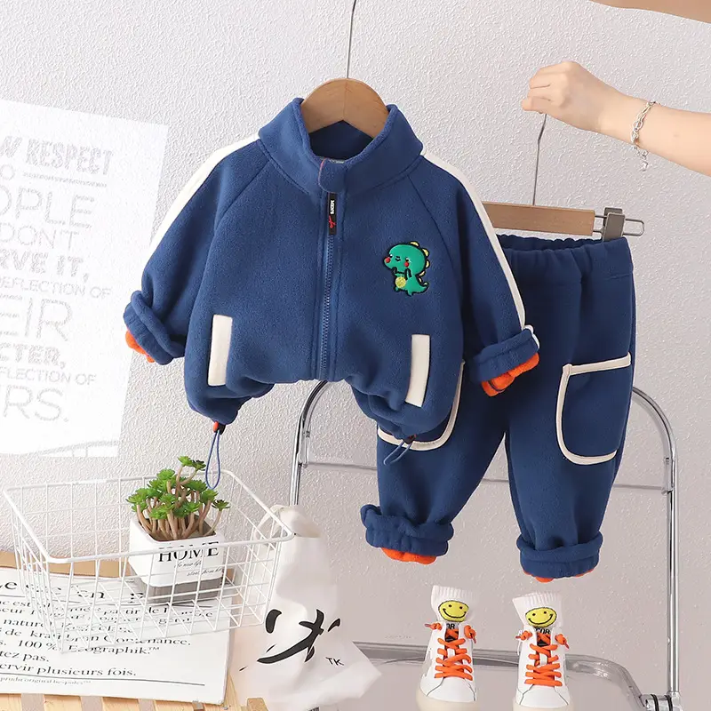 2024 Winter Boys Velvet Zipper Suit Green Cartoon