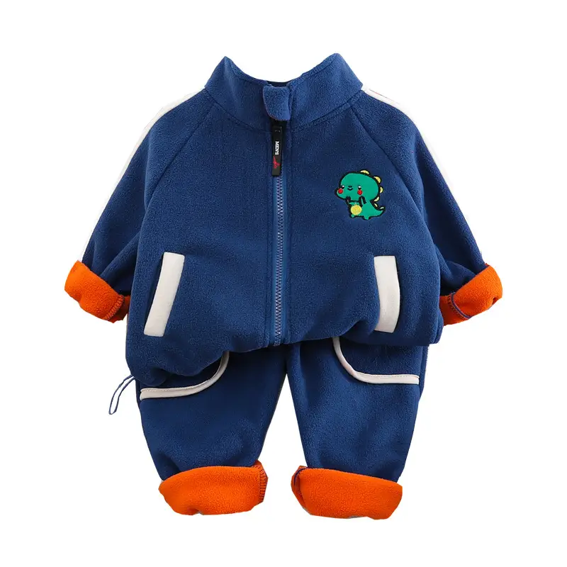 2024 Winter Boys Velvet Zipper Suit Green Cartoon