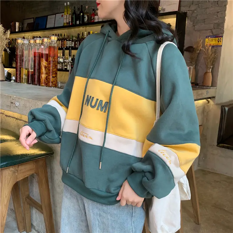 Women Fleece Hooded Sweater Green Yellow Embroidered 2022 — feature 39