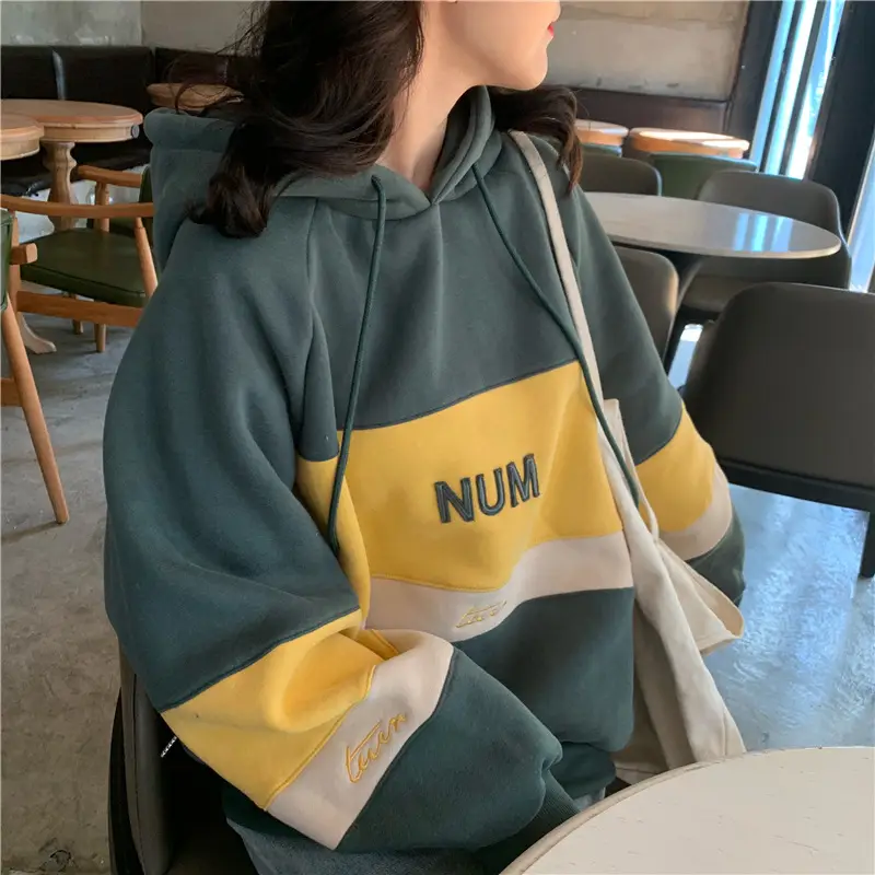Women Fleece Hooded Sweater Green Yellow Embroidered 2022 — feature 41