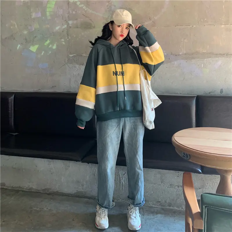 Women Fleece Hooded Sweater Green Yellow Embroidered 2022 — feature 44
