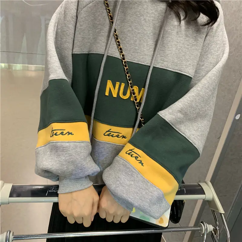 Women Fleece Hooded Sweater Green Yellow Embroidered 2022 - Image 4