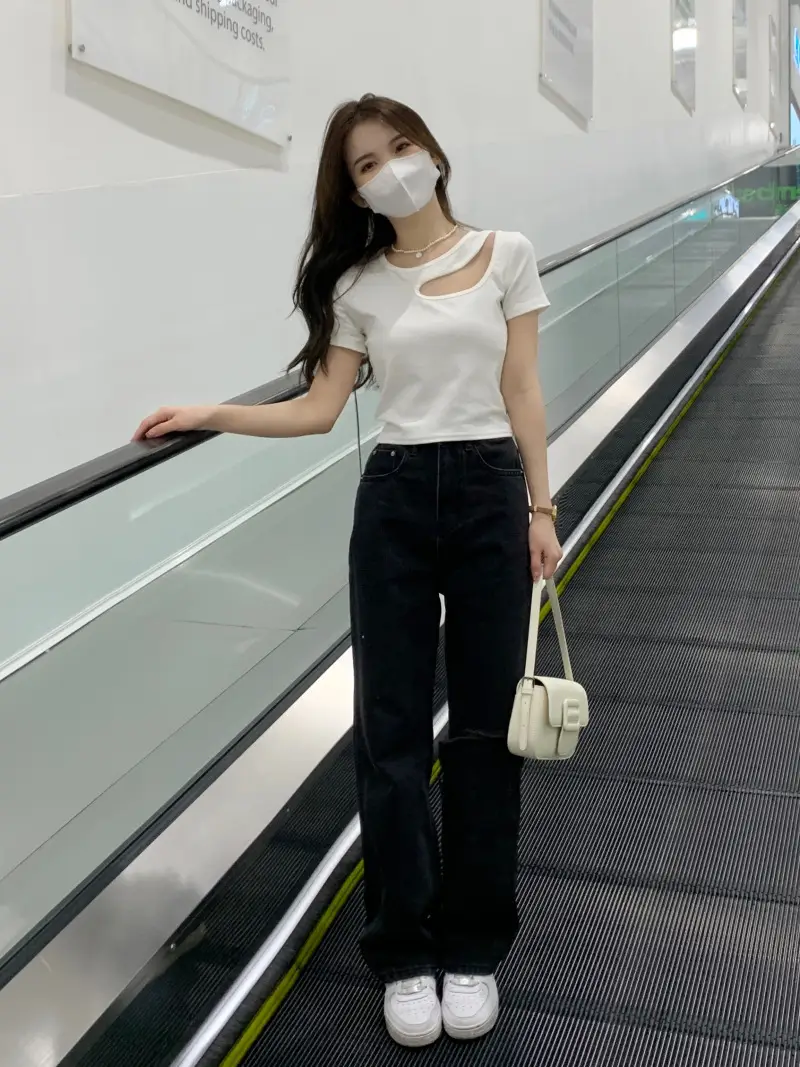 Women Black Hollow Out Slim Fit T-Shirt Short Sleeve — feature 49