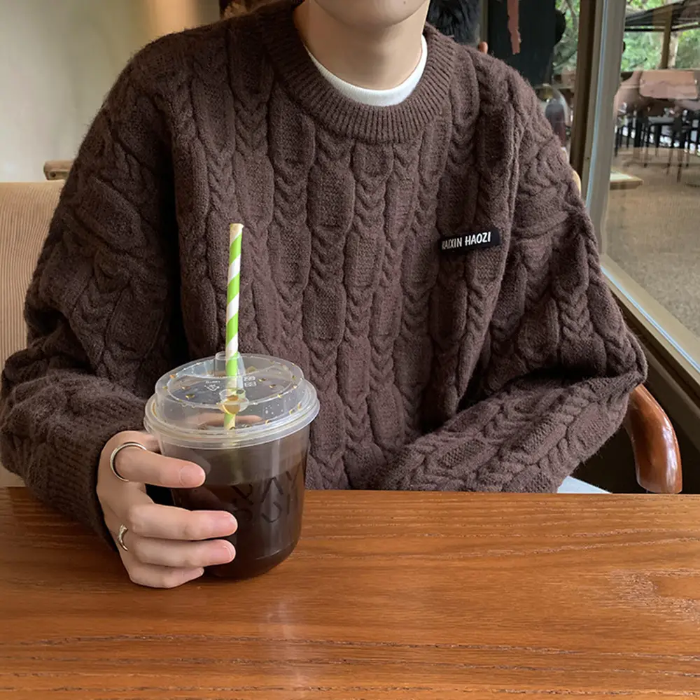 Men's Brown Knitted Round Neck Sweater Winter Wear - Image 6