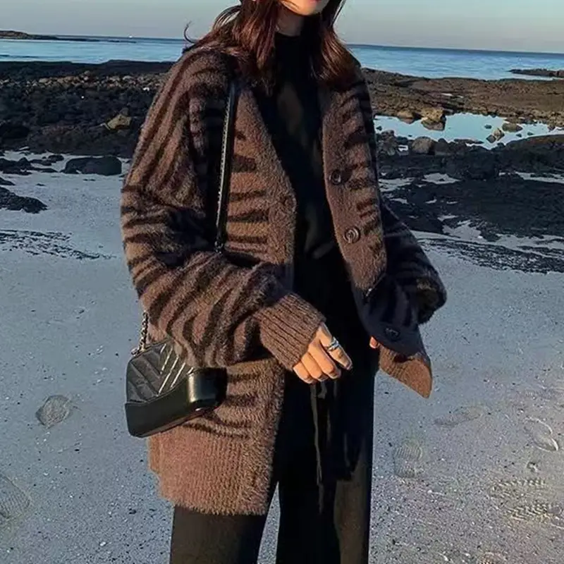 Women Zebra Striped Knitted Cardigan Coat V-Neck