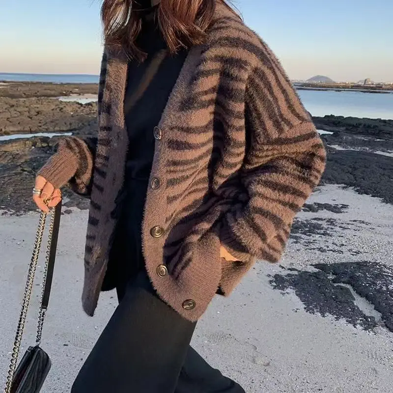 Women Zebra Striped Knitted Cardigan Coat V-Neck