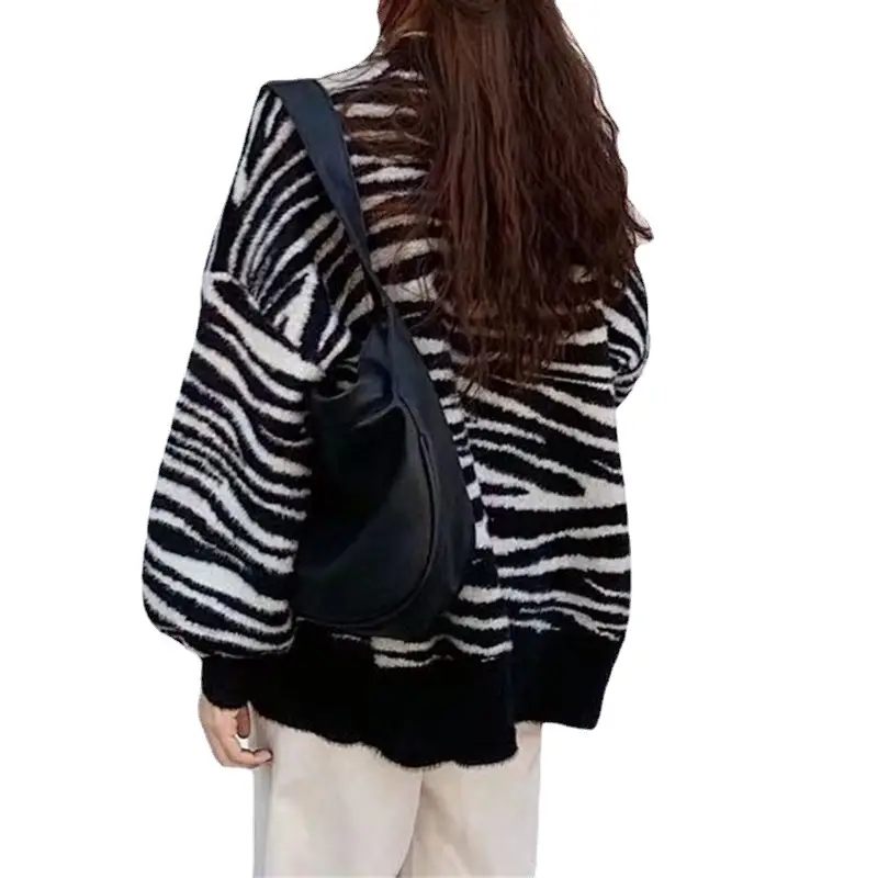 Women Zebra Striped Knitted Cardigan Coat V-Neck