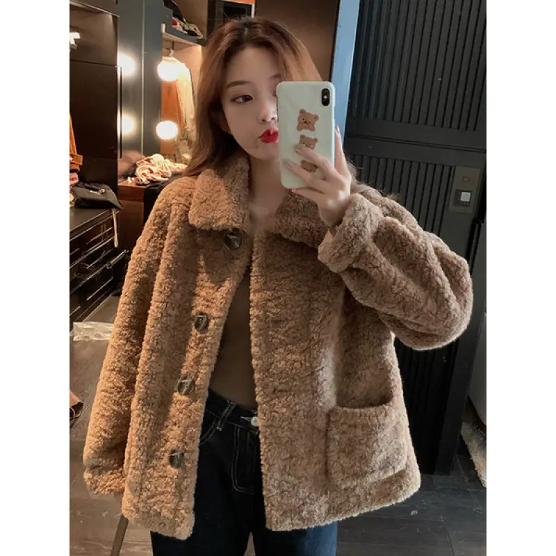 Women Fleece Cardigan Sweater Hooded Coat Solid Color - Image 2