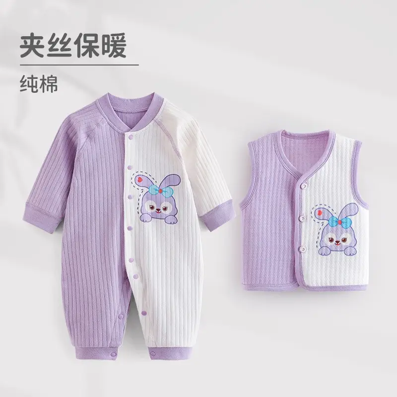 Baby Quilted Jumpsuit White Purple Bunny Print - Image 2