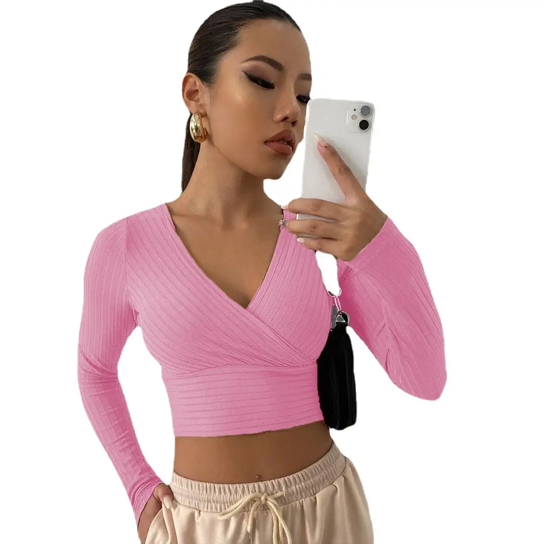 Pink V-Neck Long Sleeve Women's Commuter Top - Image 12