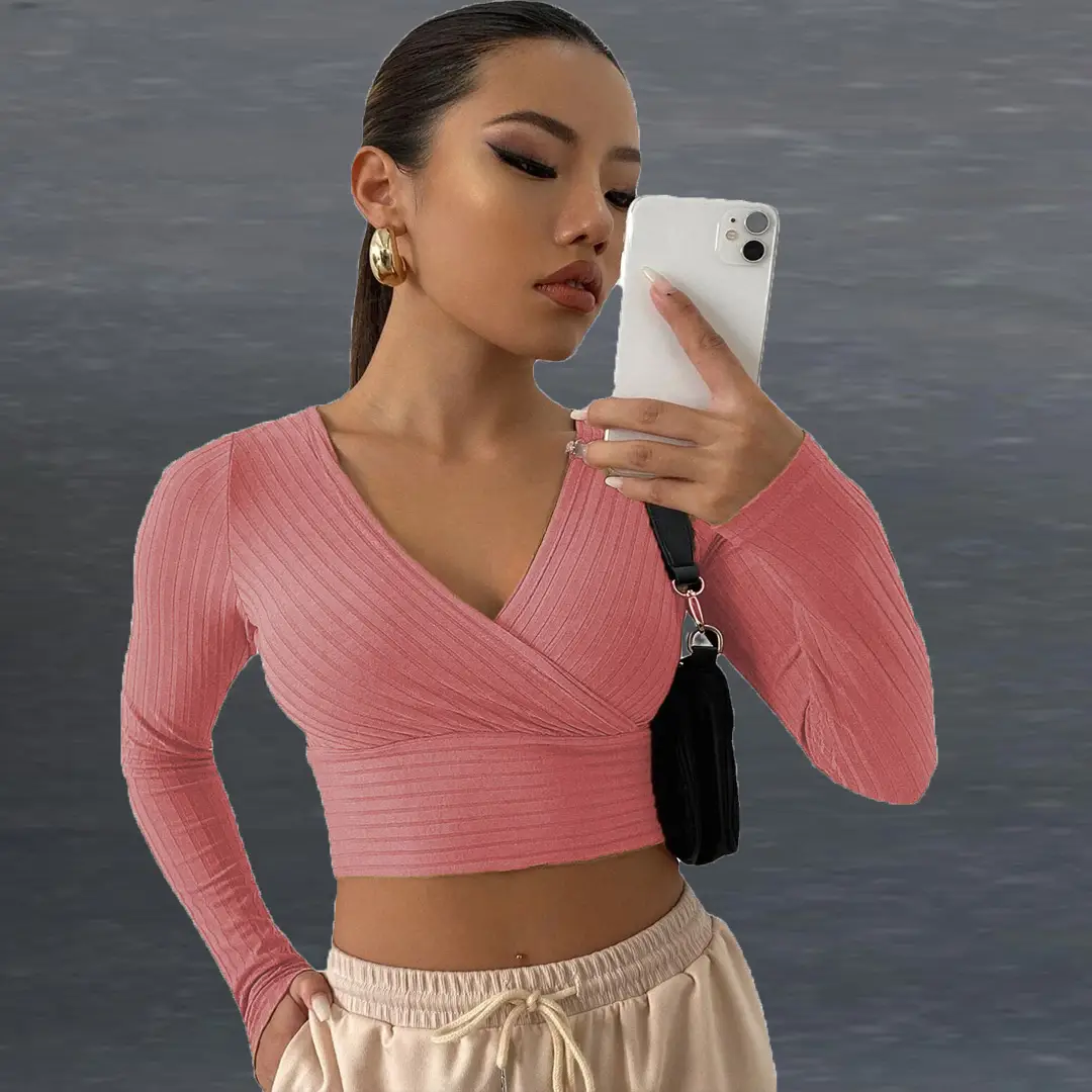 Pink V-Neck Long Sleeve Women's Commuter Top - Image 6