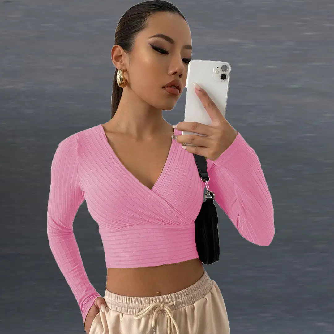 Pink V-Neck Long Sleeve Women's Commuter Top - Image 7