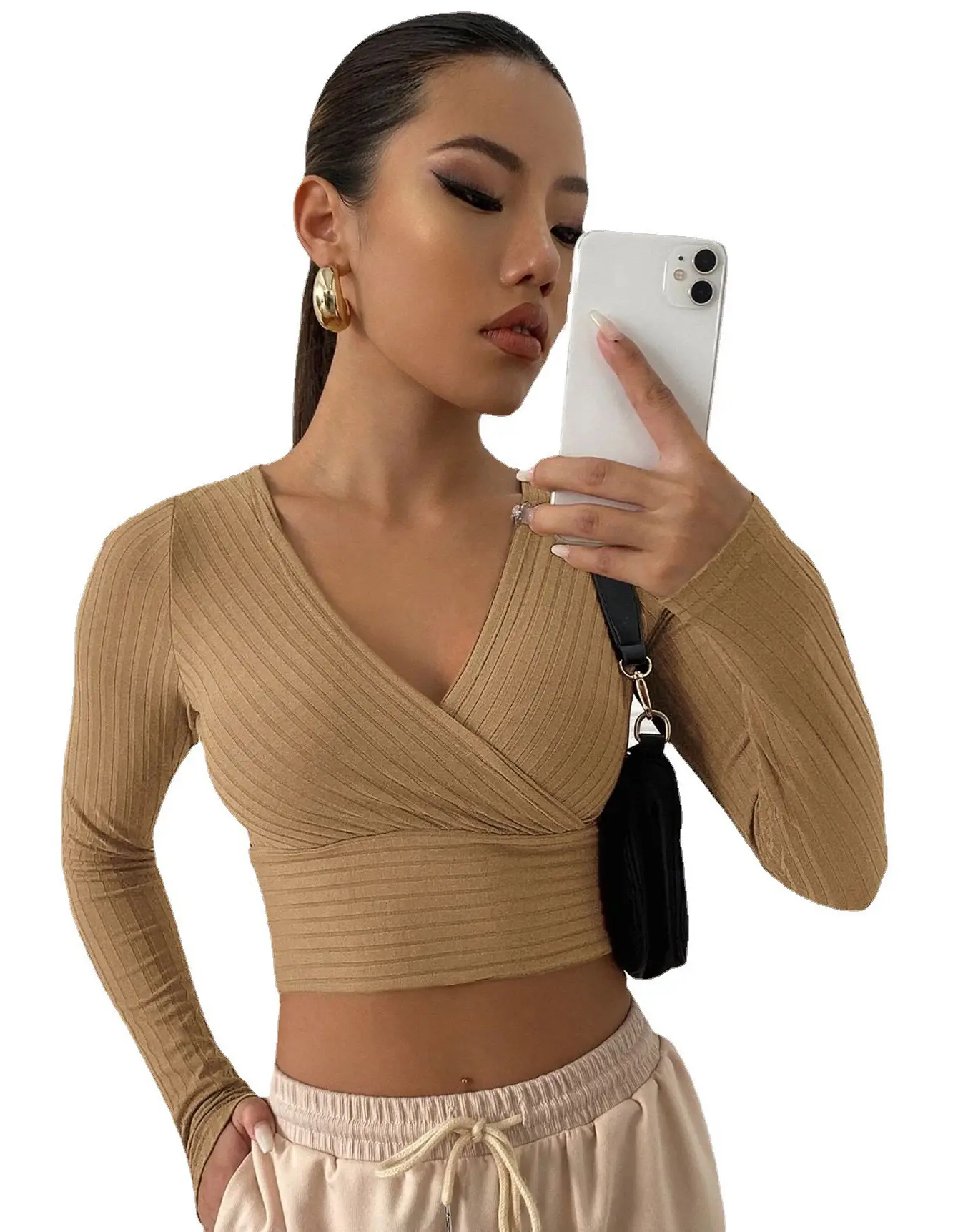 Pink V-Neck Long Sleeve Women's Commuter Top - Image 8