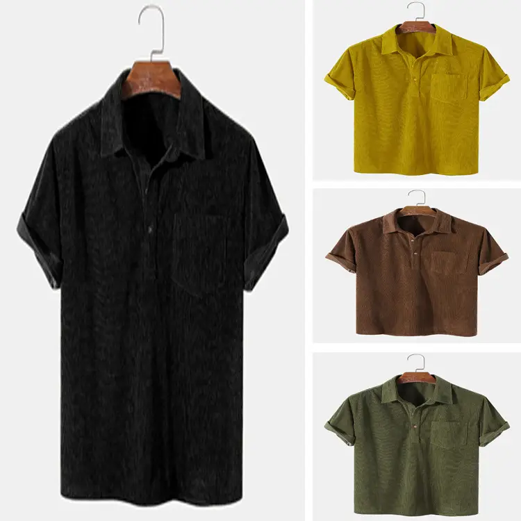 Men's Yellow Cotton Shirts Casual Loose Lapel Door Downlight Corduroy Short-Sleeved - Image 6