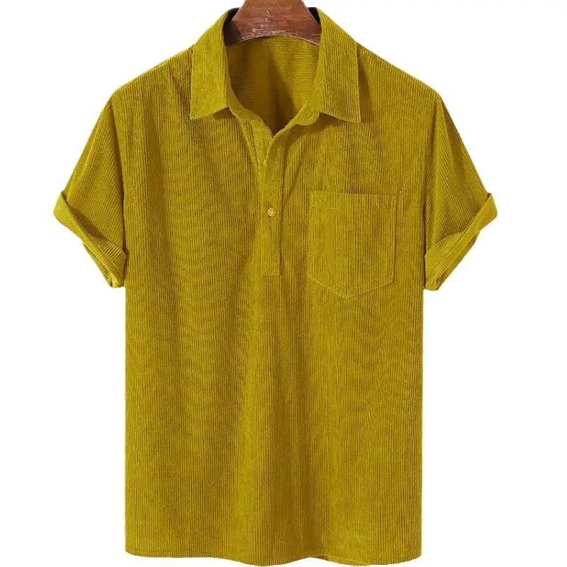 Men's Yellow Cotton Shirts Casual Loose Lapel Door Downlight Corduroy Short-Sleeved - Image 7