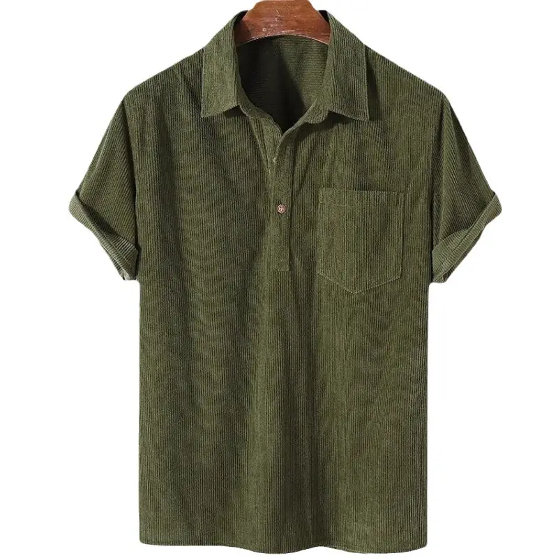 Men's Yellow Cotton Shirts Casual Loose Lapel Door Downlight Corduroy Short-Sleeved - Image 8