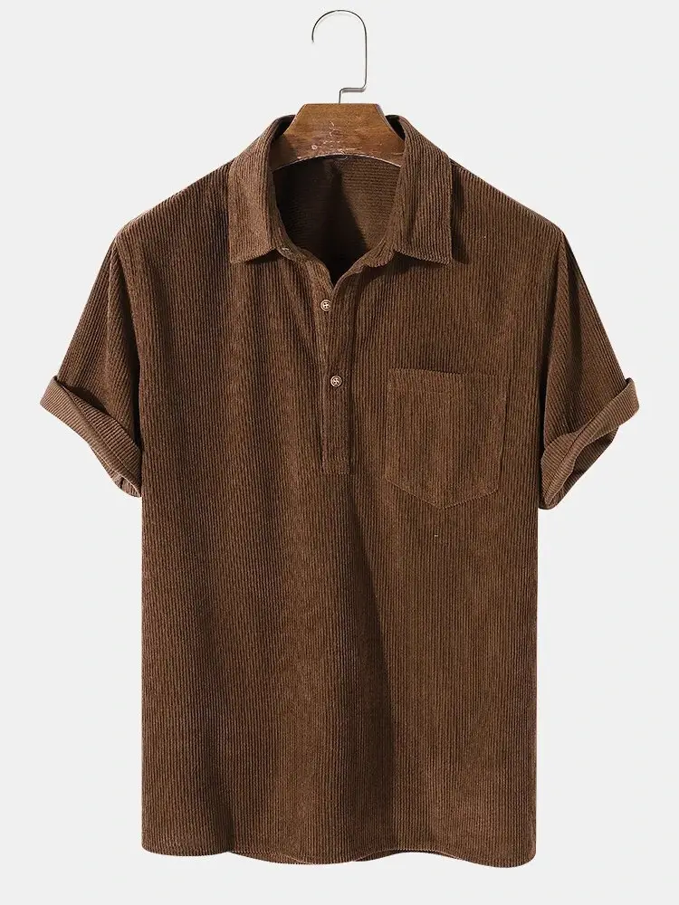 Men's Yellow Cotton Shirts Casual Loose Lapel Door Downlight Corduroy Short-Sleeved - Image 2