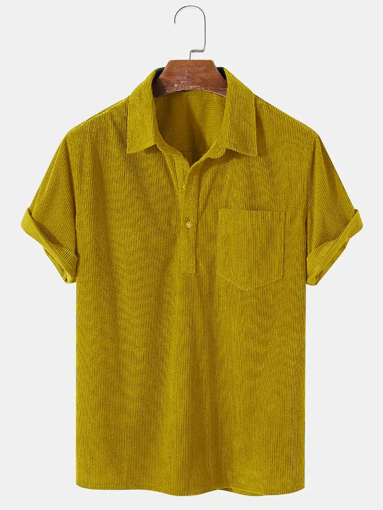 Men's Yellow Cotton Shirts Casual Loose Lapel Door Downlight Corduroy Short-Sleeved - Image 3