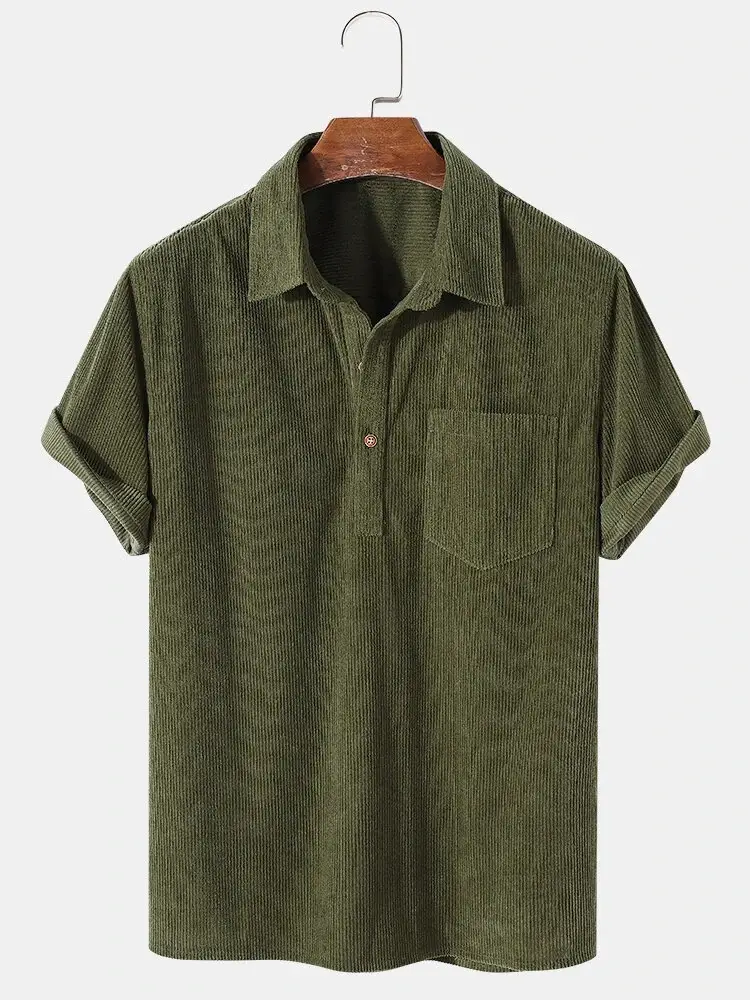 Men's Yellow Cotton Shirts Casual Loose Lapel Door Downlight Corduroy Short-Sleeved - Image 4