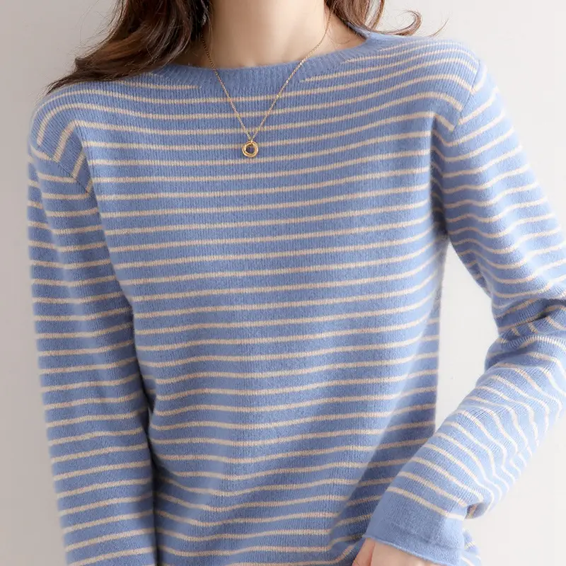 Women Pinstripe Knit Sweater Large Blue Striped - Image 10