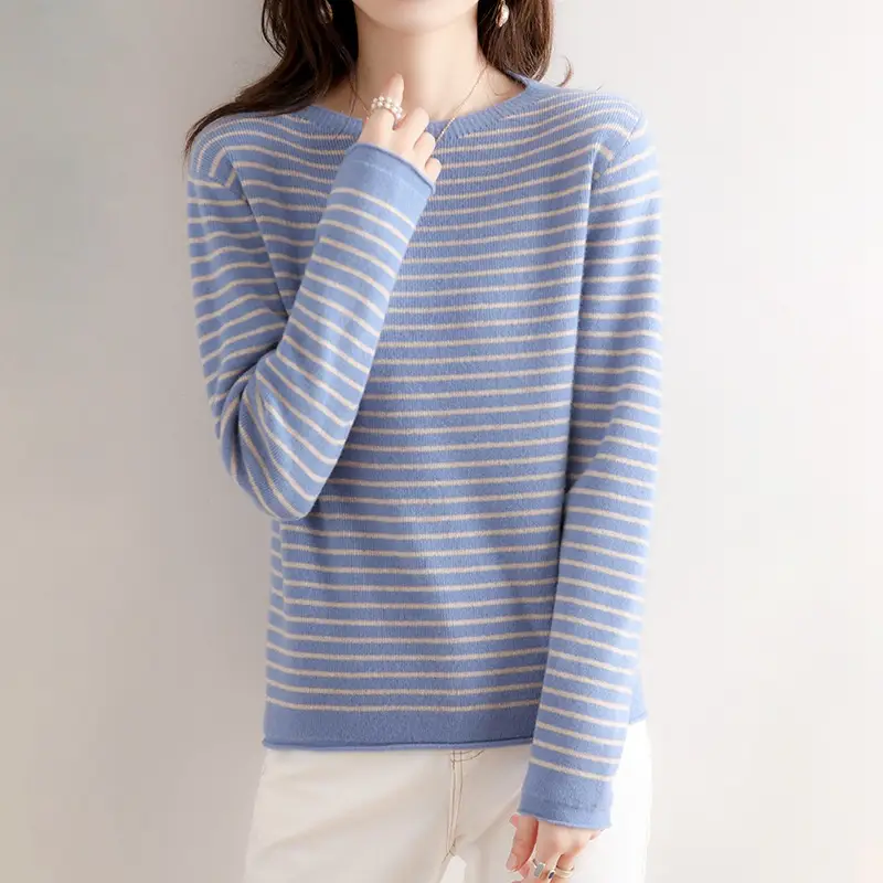 Women Pinstripe Knit Sweater Large Blue Striped - Image 3