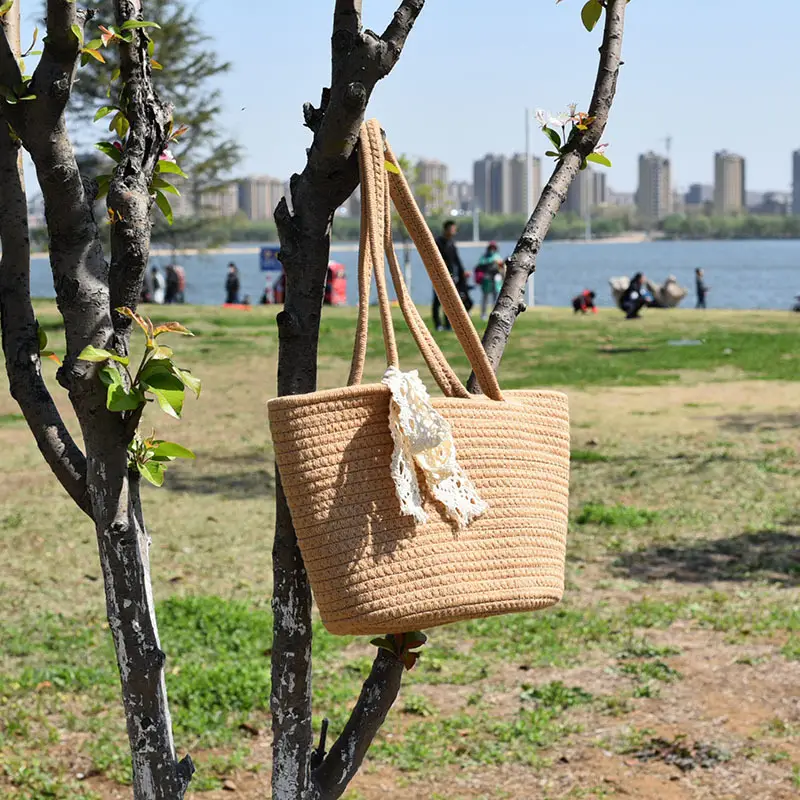 Portable Cotton Shoulder Bag with Lace Trim - Image 6