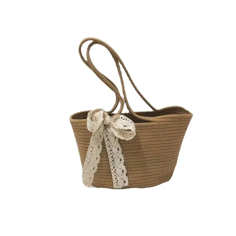 Portable Cotton Shoulder Bag with Lace Trim - Image 7