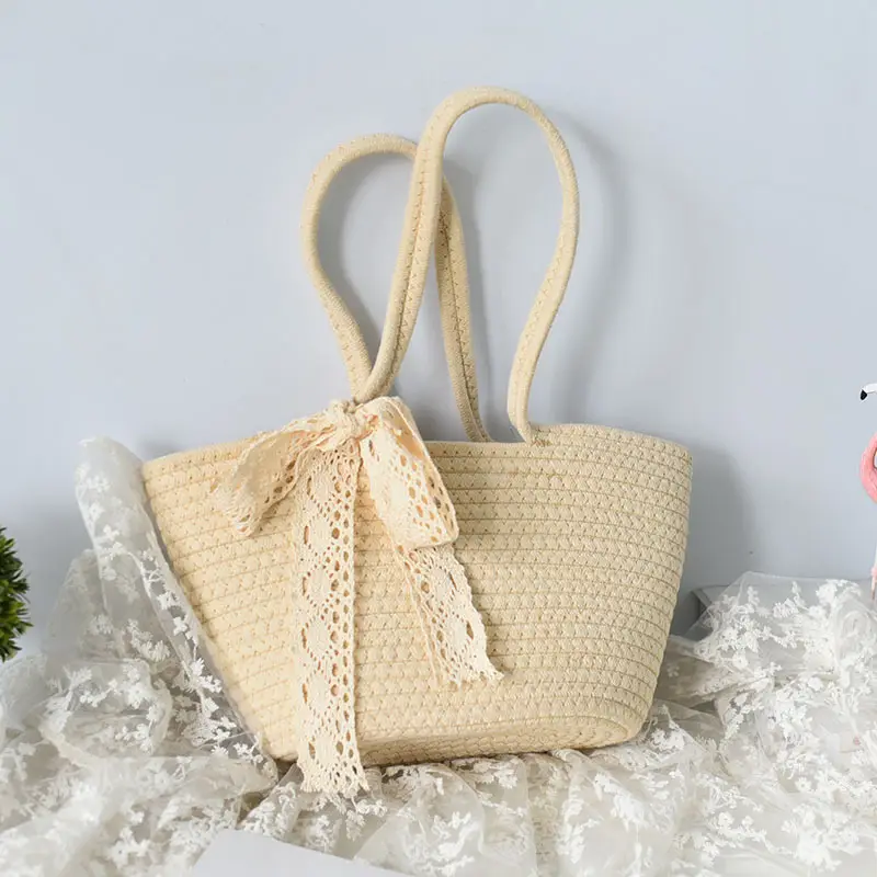 Portable Cotton Shoulder Bag with Lace Trim - Image 2