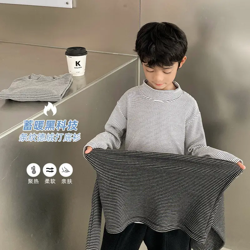 2025 Boys Half-Turtleneck Thermal T-Shirt Black Stripes
