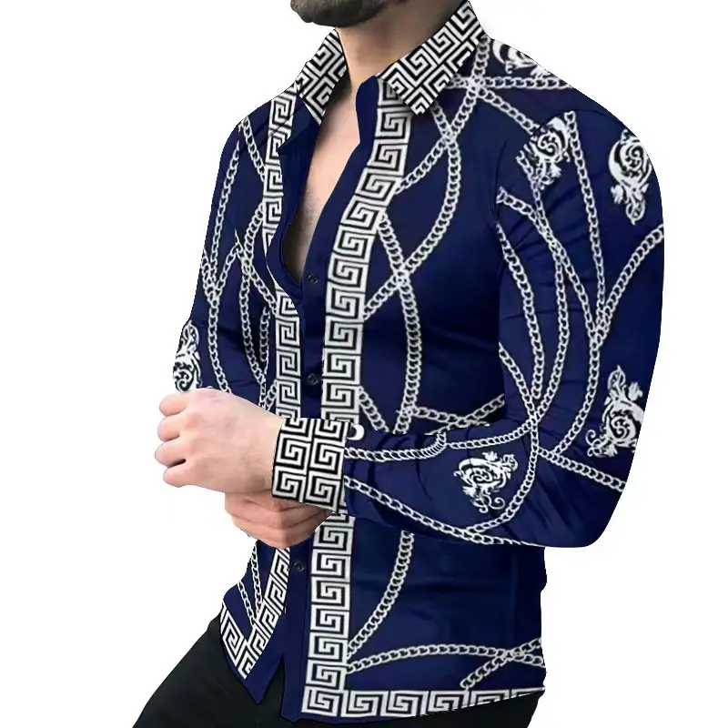 Men Printed Long Sleeve Casual Cardigan Button Holiday Shirt — feature 1