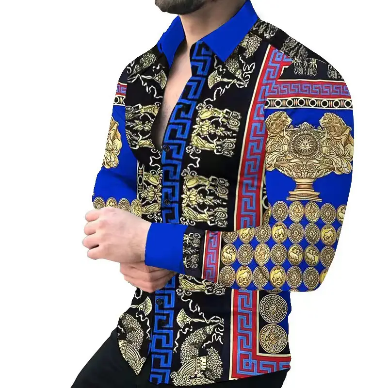 Men Printed Long Sleeve Casual Cardigan Button Holiday Shirt — feature 4