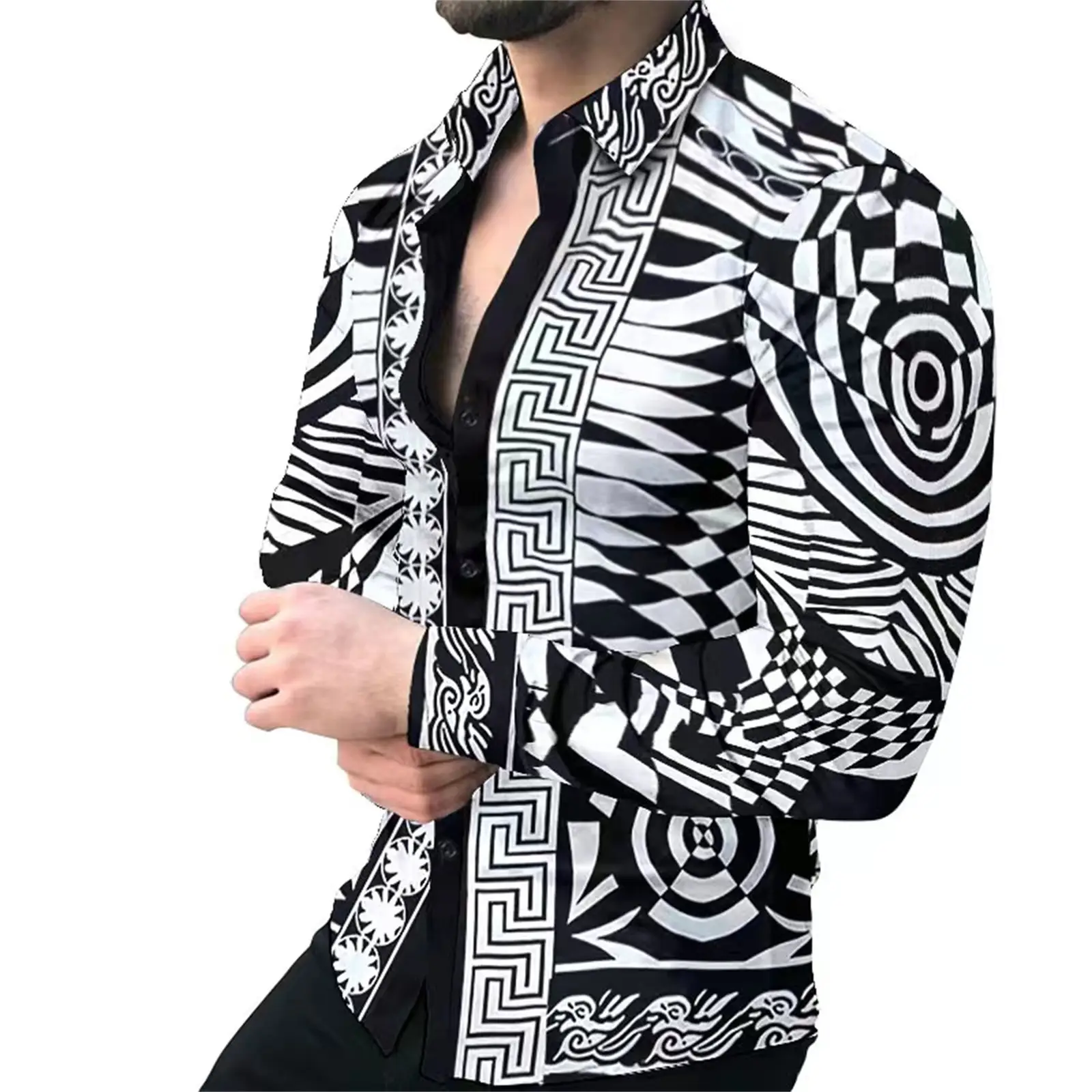 Men Printed Long Sleeve Casual Cardigan Button Holiday Shirt — feature 5