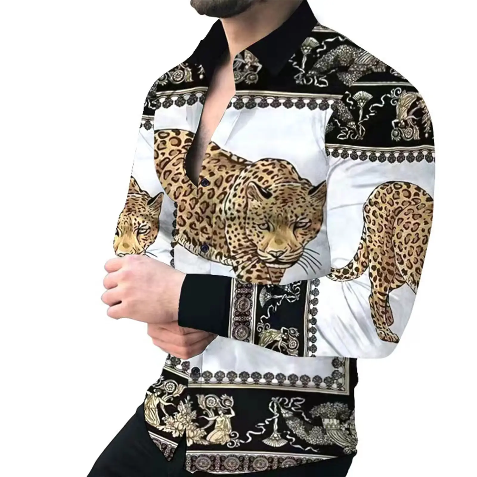 Men Printed Long Sleeve Casual Cardigan Button Holiday Shirt — feature 6